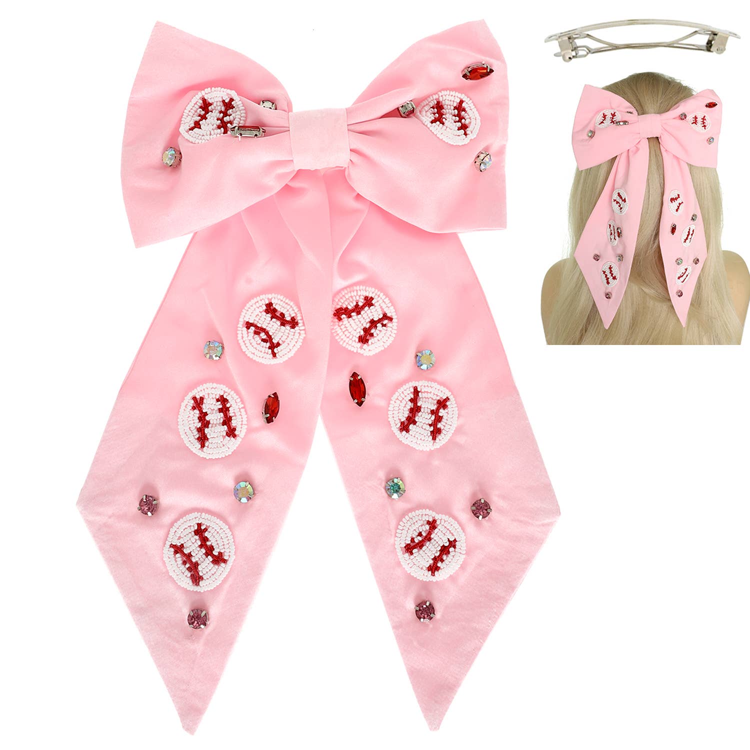 SP Sophia Collection - Wholesale Hair Clip - Women's - Baseball Embroidered Bow Barrette Hair Clip 0