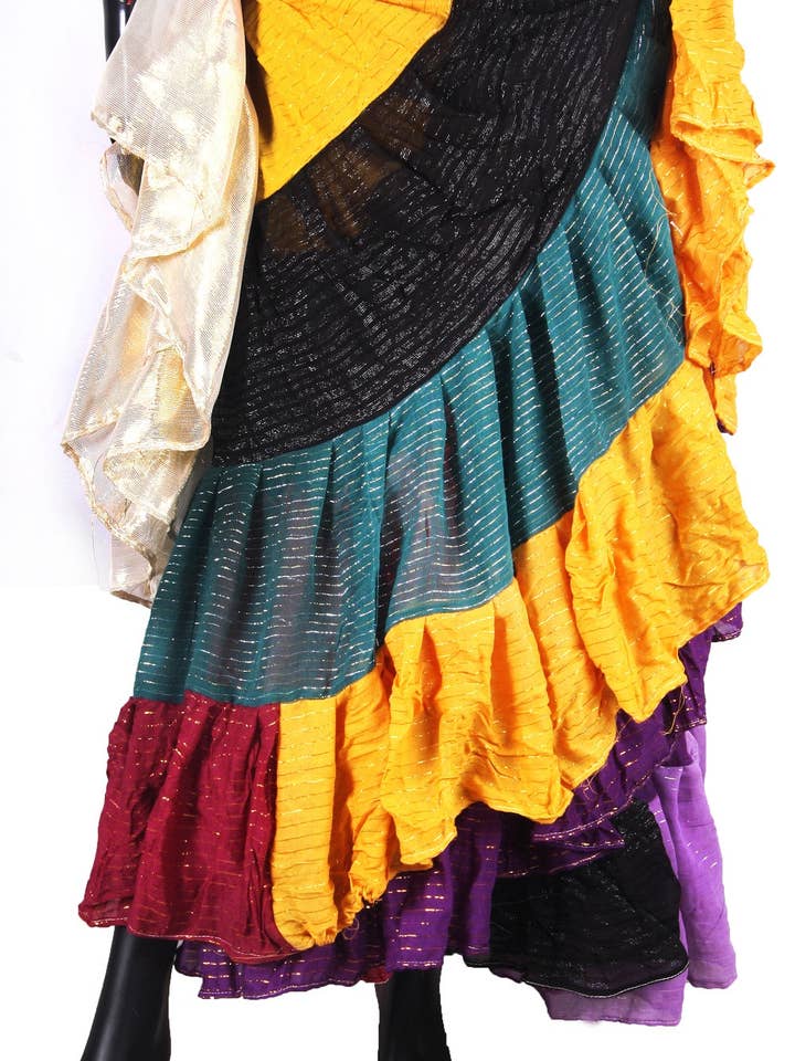 Patchwork Skirt made from Lurex Sari Fabrics for wholesale by Senoritas Tribal Designs
