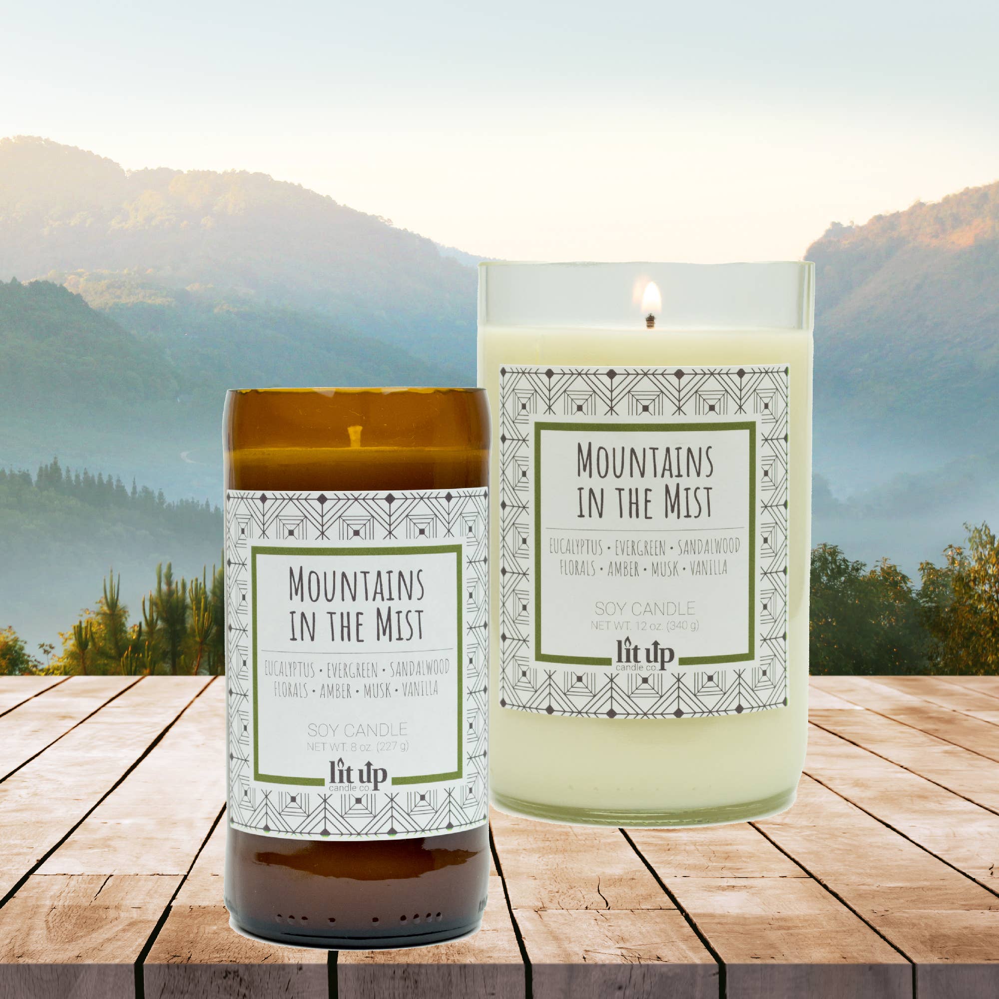 Lit Up Candle Co. - Vente Bougie en bocal - Bougies de soja Mountains in the Mist de 12 oz dans des bouteilles de vin6