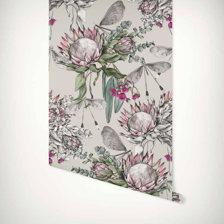 Protea Bouquet Wallpaper (Taupe) for wholesale by Mimi&Bloom