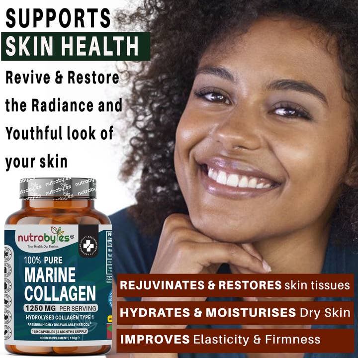 NUTRABYTES - Wholesale Oral Supplement/Vitamin - Pure Marine Collagen Supplement | 1250mg High Strength Collagen Capsules | Hydrolysed Marine Collagen Protein Peptides Type 1 | 180 Collagen Capsules | 3-month supply | Made in UK2