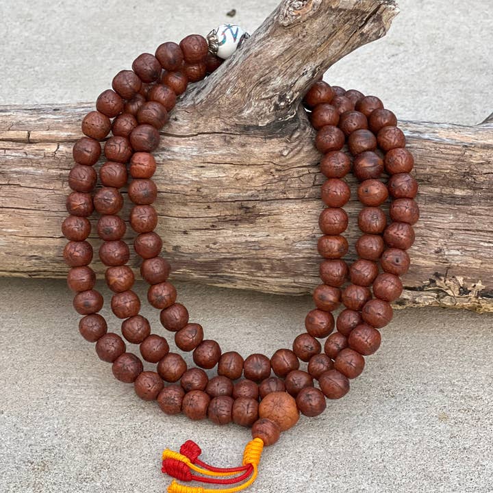 Lungta Imports - Vente Collier de prière en perles - Mala rare en graines de bodhi bouddhiste tibétain avec 3 perles d'accent en coquille de conque, boîte à mala gratuite5