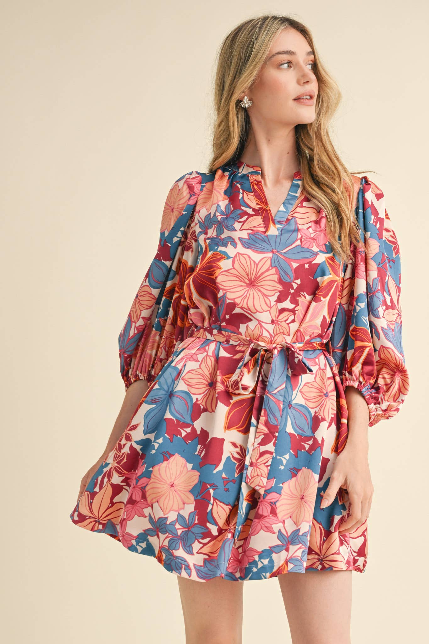 &MERCI - Wholesale Dress - Women's - EXCLUSIVE PRINT PUFF SLEEVE TYING WAIST MINI DRESS MDR33530