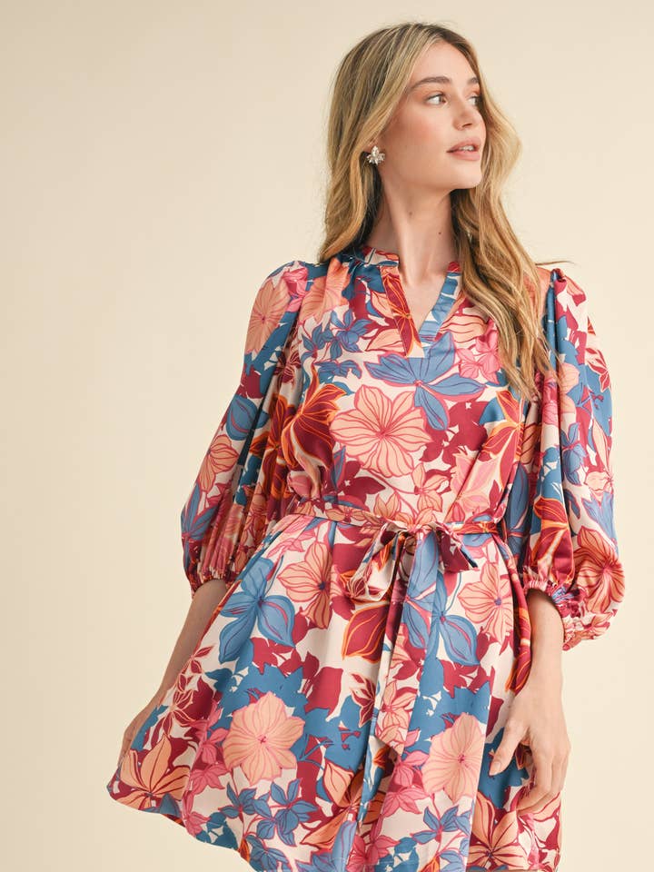 &MERCI - Wholesale Dress - Women's - EXCLUSIVE PRINT PUFF SLEEVE TYING WAIST MINI DRESS MDR33530