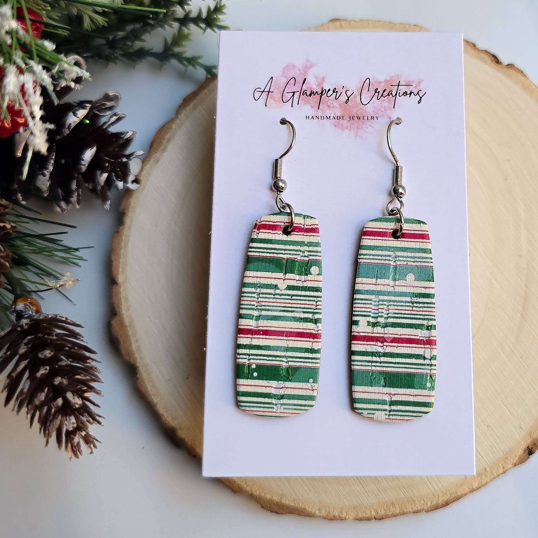 A Glamper's Creations LLC - Wholesale Dangle Earrings - Red & Green Christmas Stripes Mini Bar Leather Earrings1