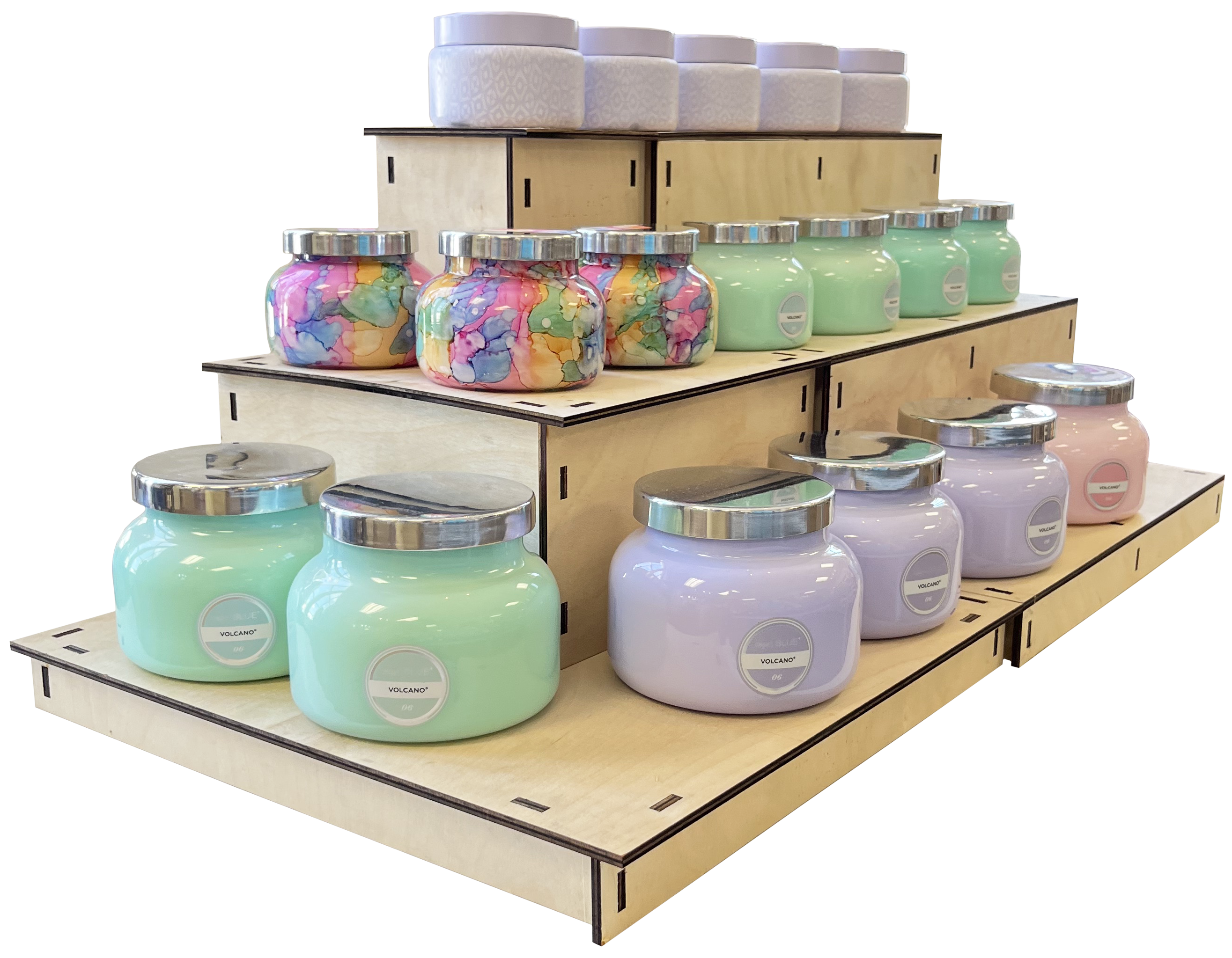 Torched Displays - Wholesale Displaystandaard/case voor retailer - Draagbaar houten displayrek met 3 niveaus voor in de hoek1