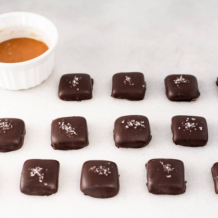 Dark Chocolate Sea Salt Caramels / 4lb. Case for wholesale by Maggie Lyon Chocolatiers