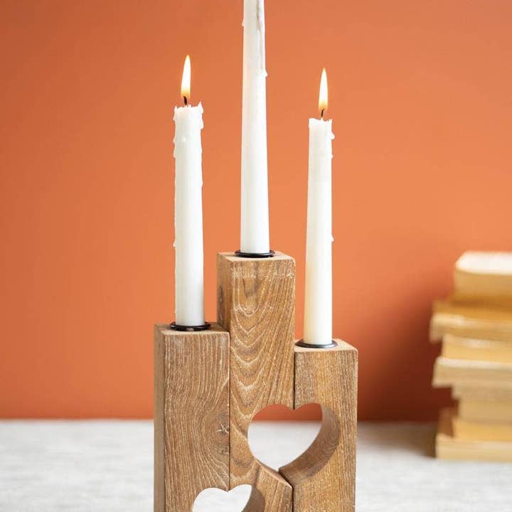 Kalalou - Wholesale Candle Holder - Triple Reclaimed Heart Wood Taper Candle Holder