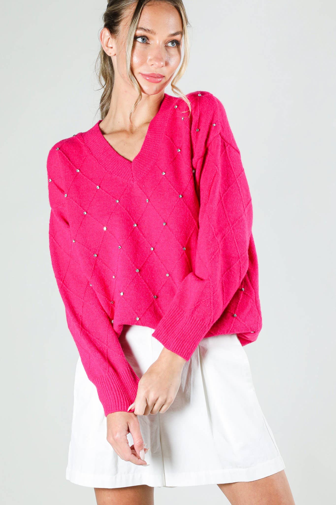 Vine & Love - Vendita all'ingrosso Maglione tricot - Donna - Maglione a maglia con scollo a V e accenti di strass a rombi VT81546-1