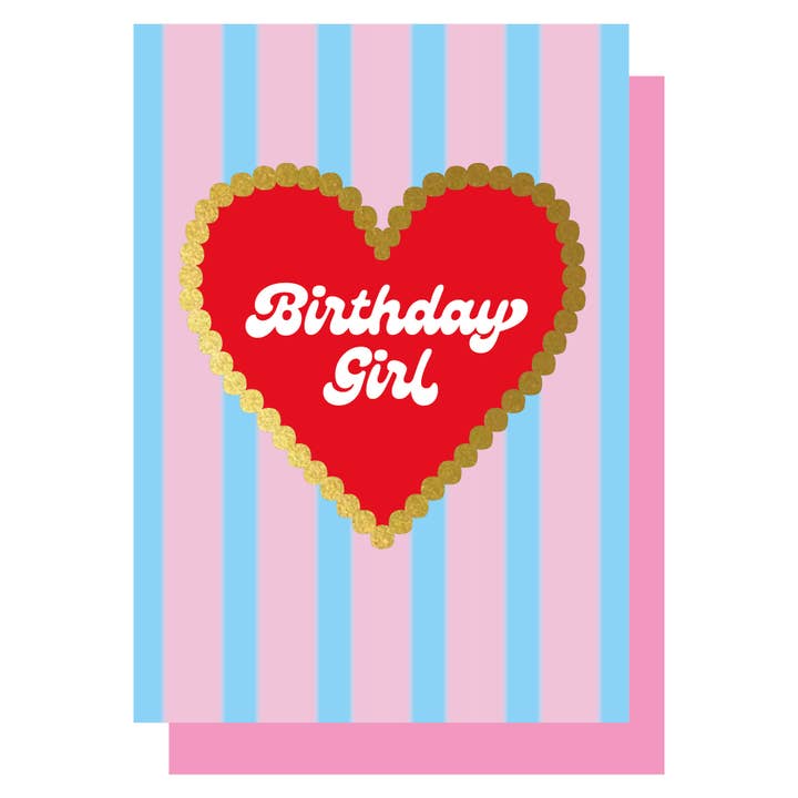 Birthday Girl blue & pink stripe gold heart card for wholesale by Lucky Ink