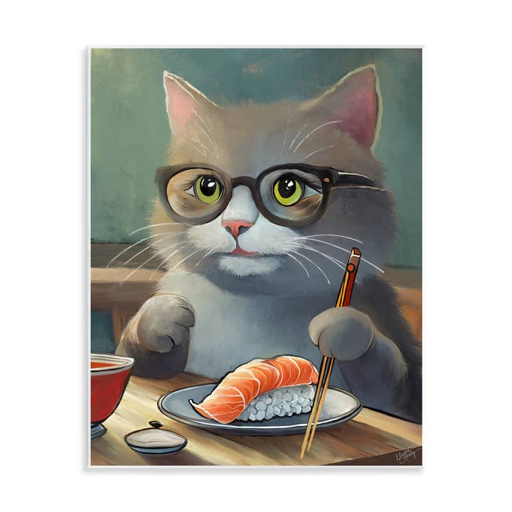 Stupell Industries - Wholesale Wall Decor - Kids & Baby - Cat Eating Sushi Wall Plaque Art0
