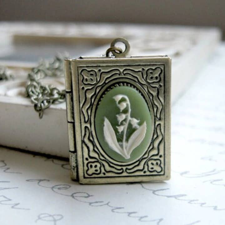 Lily of the valley cameo locket necklace, photo locket 20" for wholesale by Botanical Bird