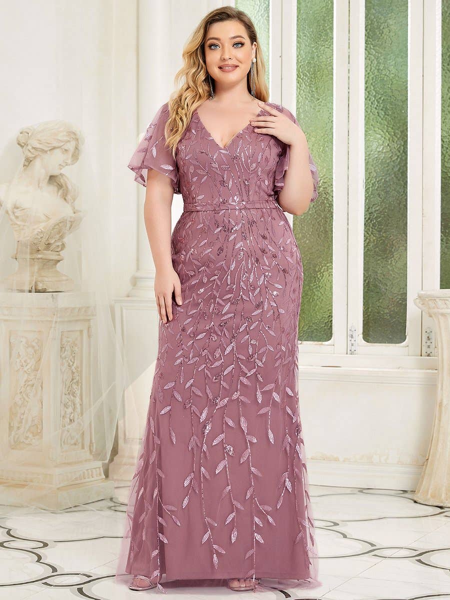 Ever-Pretty - Wholesale Gown - Women's - Plus Size V Neck Mermaid Sequin & Tulle Evening Dress4
