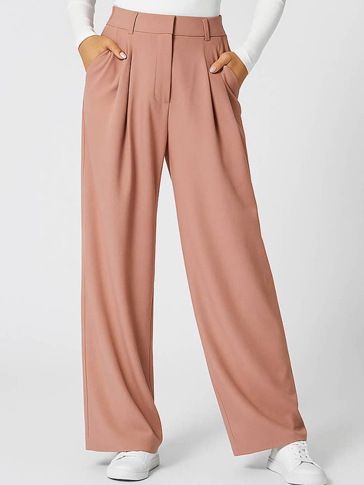 Sweetkama - Wholesale Pants – Women's - Ladies Solid Color Pleated Trousers Pocket Wide Leg Pants8