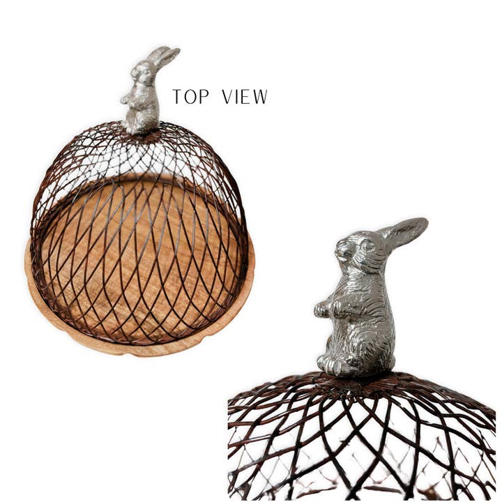 Nevsher Lior - Wholesale Cake Stand - Handmade Wooden 10" Round Cake Stand with Wire Top and Silver Bunny | Rustic Cakestand