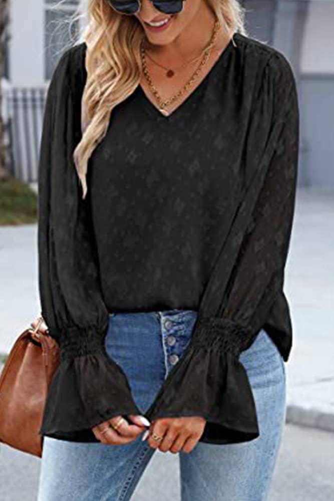 UNISHE - Wholesale Blouse - Women's - V Neck Lace Sheer Flare Sleeves Blouse AXR00514