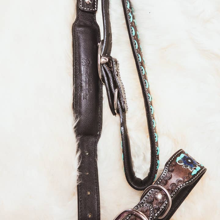 The Sterling Gypsy – wholesale Pet collar – Dog – Hand Tooled Turquoise & Sunflower Western style Leather Dog Collar Farm Dog Cattle Dog3