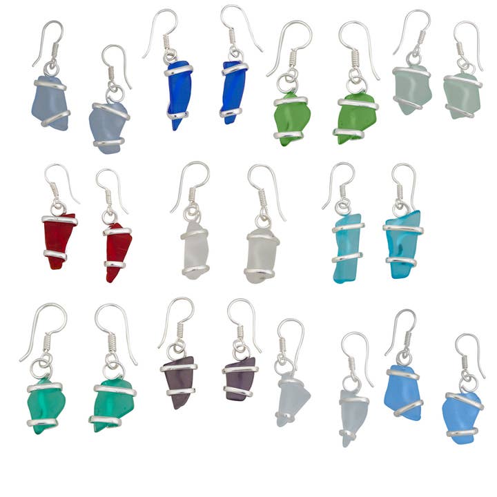 Dozen Assorted Pompano Beach Glass Earrings - Silver Plated for wholesale by Charles Albert Inc