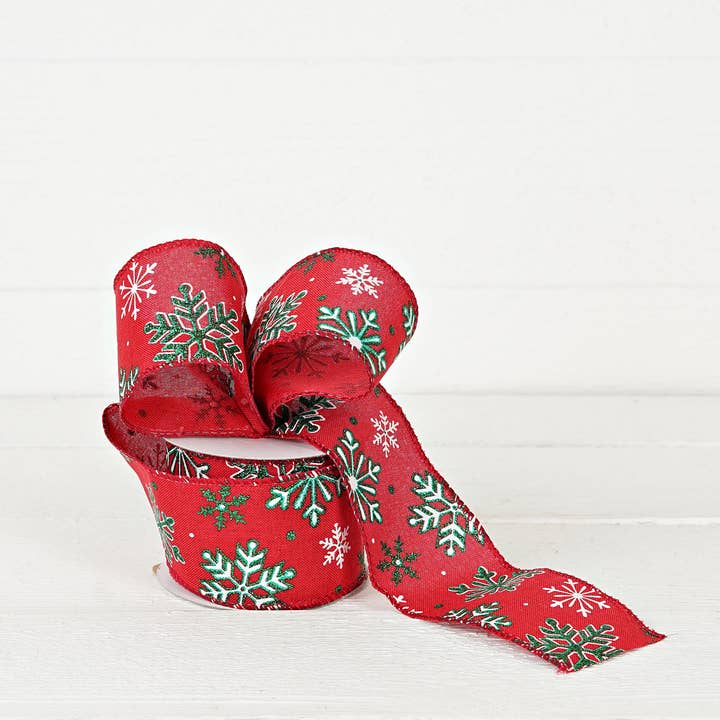 R32919-Wired Ribbon-Red-green burlap w. snowflakes (2.5inW) for wholesale by Impressive Enterprises, Inc.