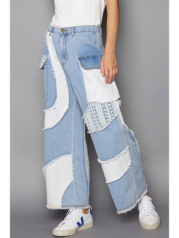 Pol Clothing - Wholesale Jeans - Women's - Wavy pattern crochet detail straight denim pants