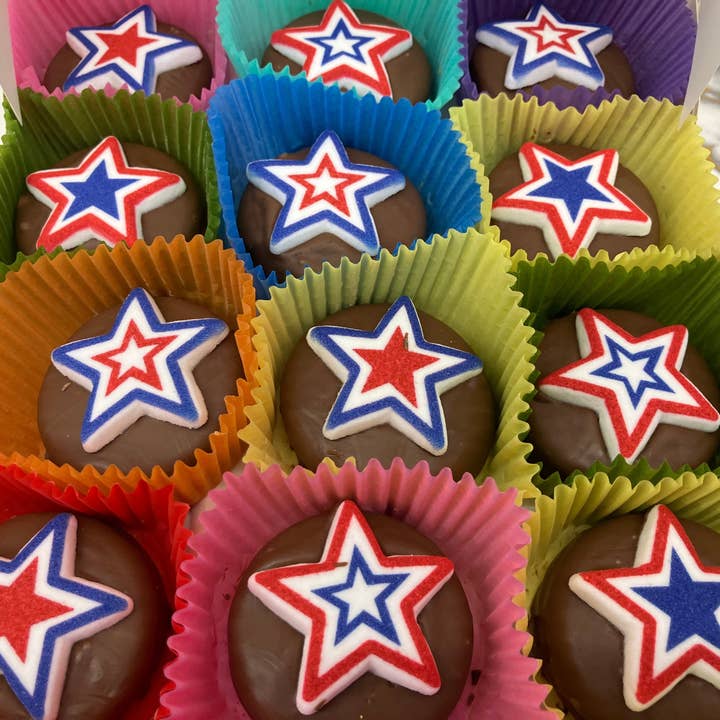 4th of July Stars Oreo's 24 per box for wholesale by Bear Creek Candy Kitchen