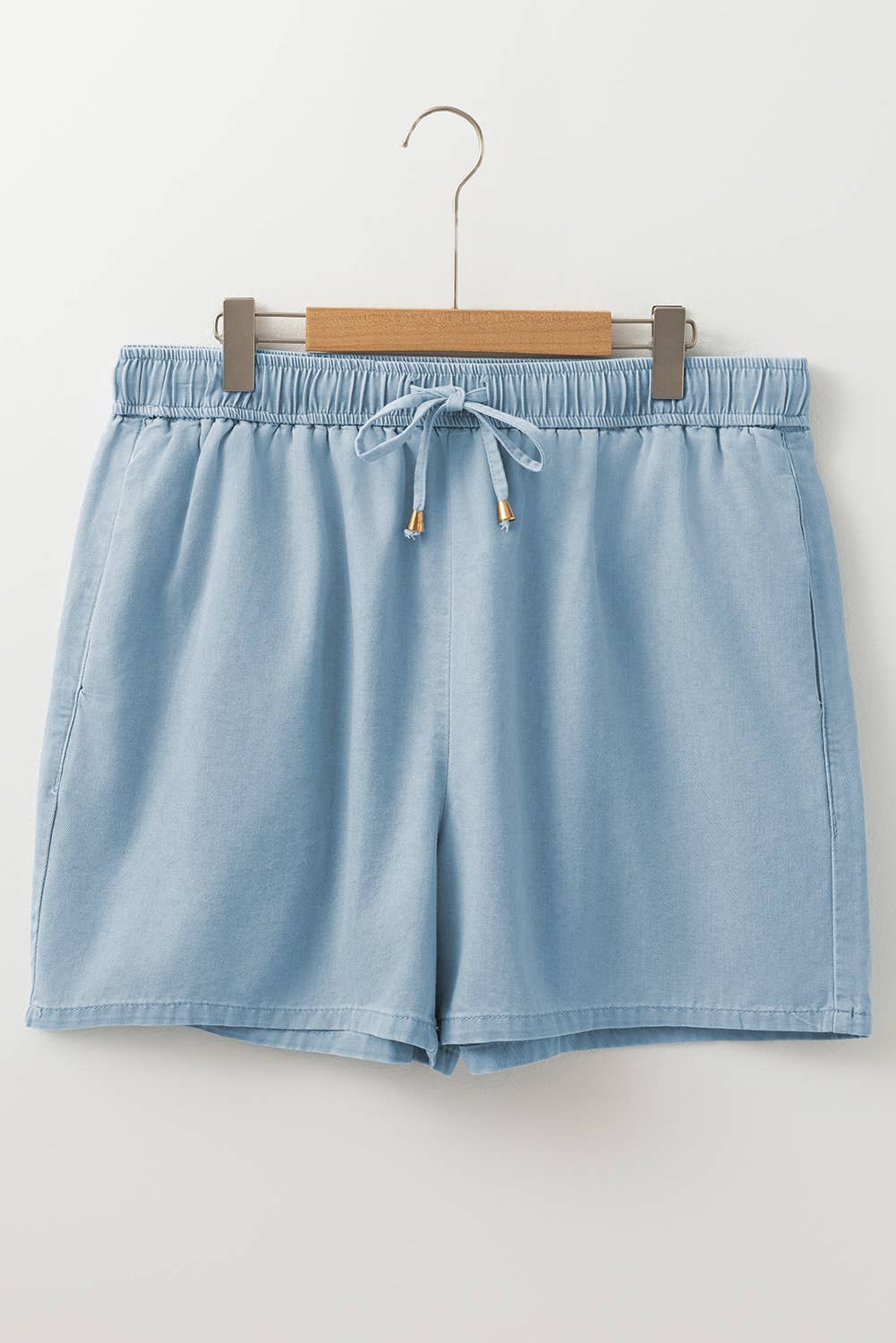 Blue Plus Size Washed Chambray Drawstring Elastic Waist Shorts for wholesale on Faire2