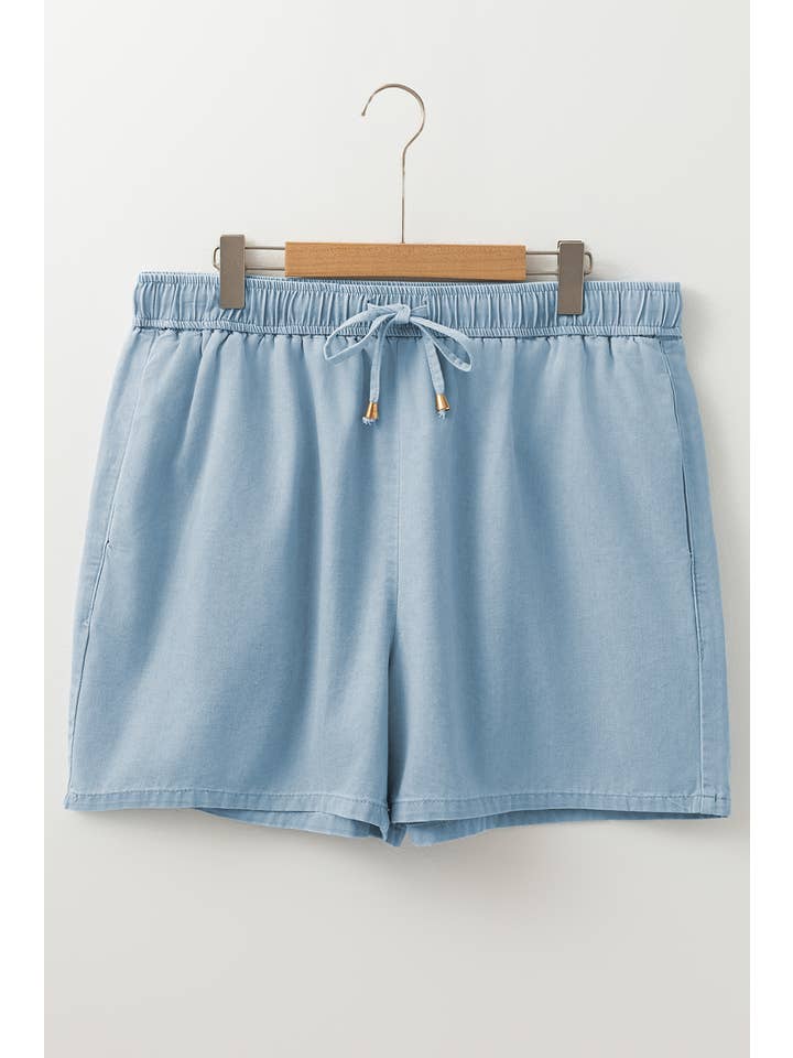Blue Plus Size Washed Chambray Drawstring Elastic Waist Shorts for wholesale on Faire2
