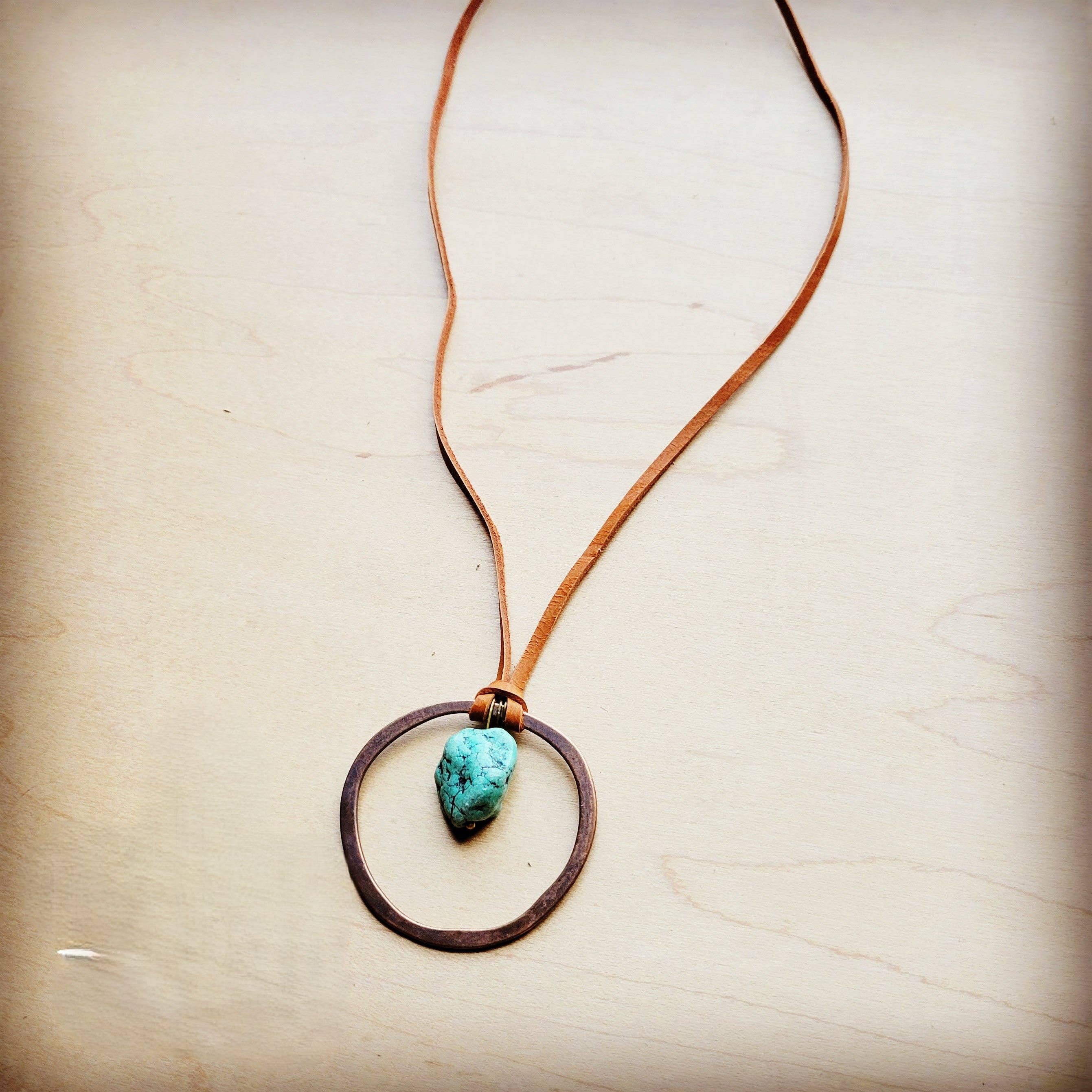The Jewelry Junkie - Wholesale Pendant/Charm Necklace - Leather Cord Necklace Antique Gold Hoop & Natural Turquoise  254v4