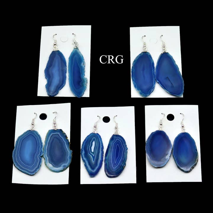 Blue Agate Slice Earrings with Silver Plated Ear Wire / 1-2" for wholesale by Crystal River Gems LLC