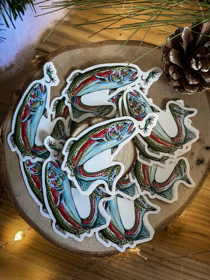 Flying Fishing Rainbow Trout Sticker for wholesale by Jess Wagner Art