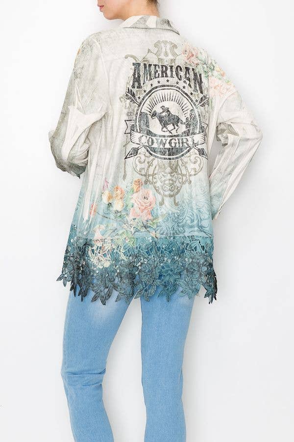 Faux Suede Button-Up Jacket With Lace Trimming – 4539IV/AMERICAN COWGIRL for wholesale on Faire4