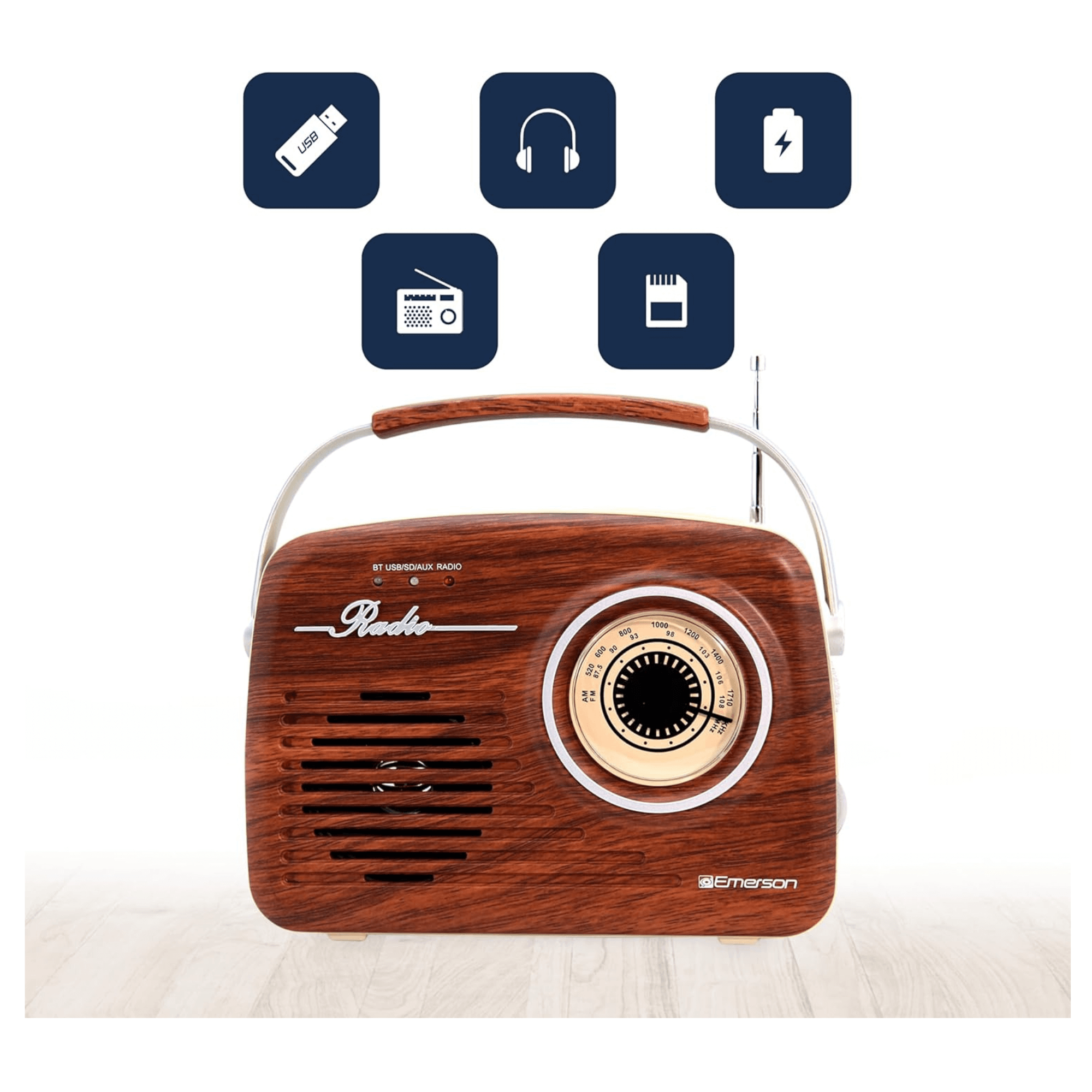 JupiterGear Home - Vente Haut-parleurs - Radio portable rétro Emerson avec batterie rechargeable8
