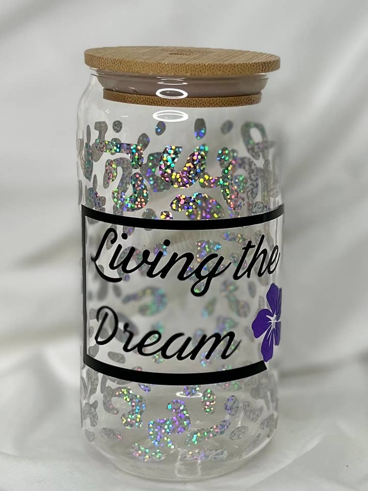 Living The Dream Glass Cup for wholesale by HooneyTunes Unlimited