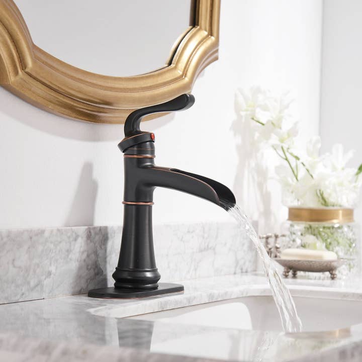 Oil Rubbed Bronze Waterfall Single Hole Single-Handle Low-Arc Bathroom Faucet for wholesale on Faire6