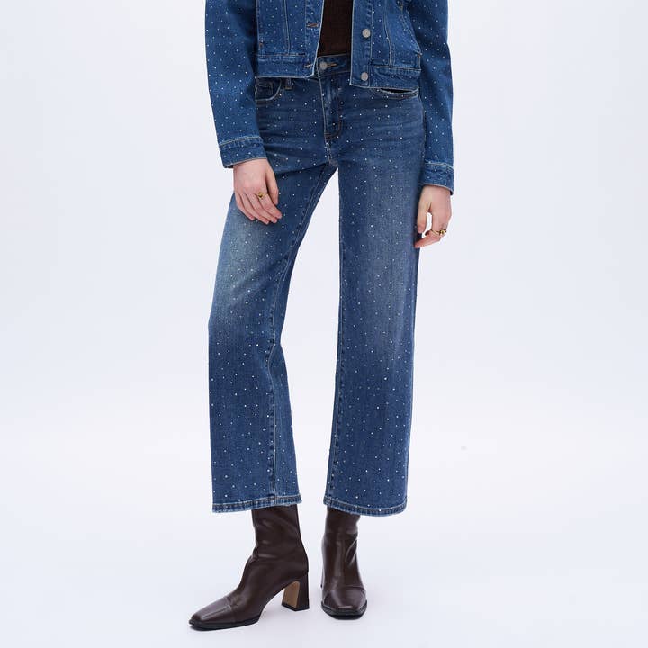 High Rise Rhinestone Wide Leg Ankle Jeans for Women OSWM8008 for wholesale by ONESO