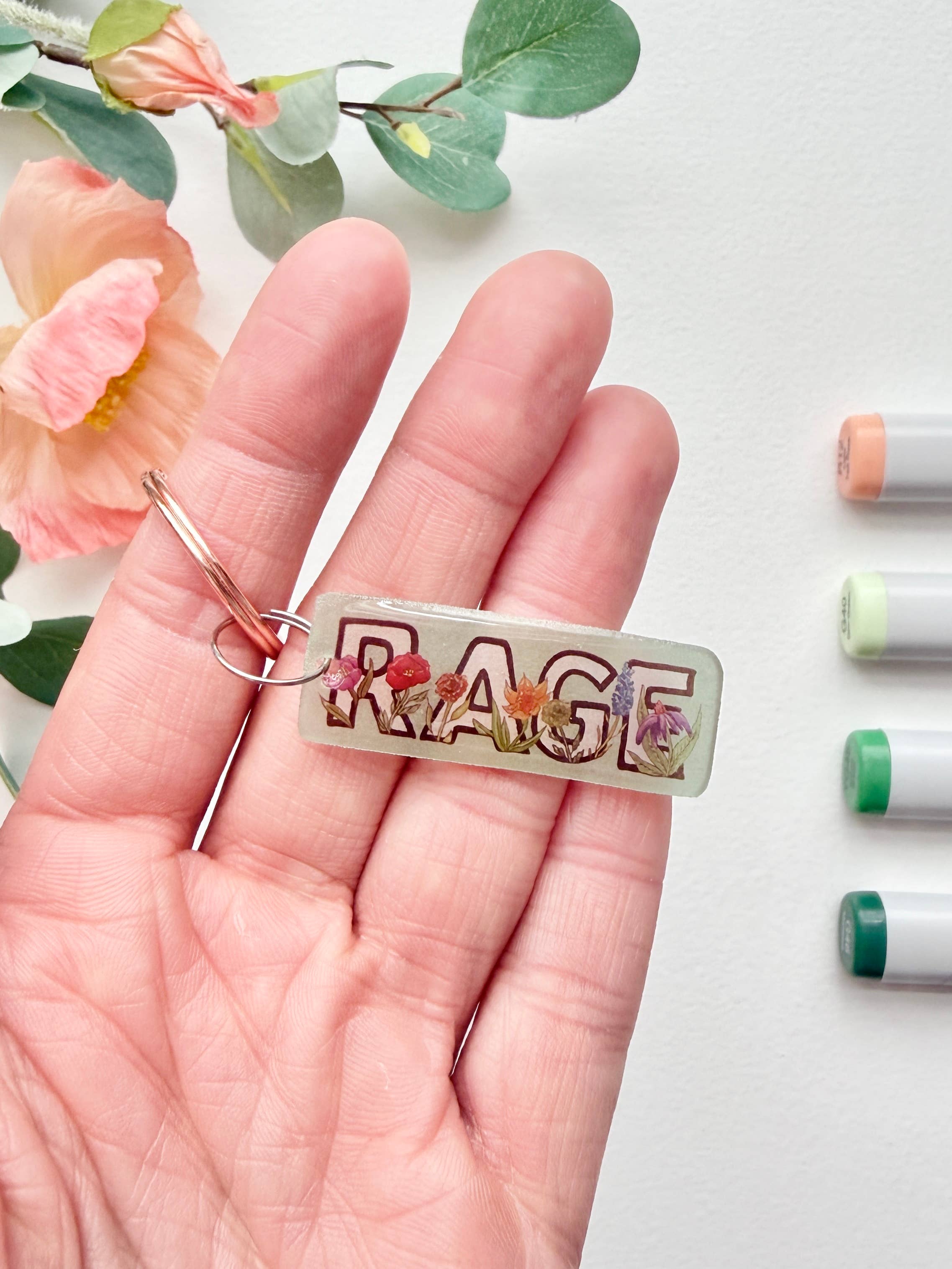 D. Prince Designs - Wholesale Keychain - Women's - Hand-Illustrated Rage with Rainbow Flowers | Handmade Acrylic + Resin Keychain2