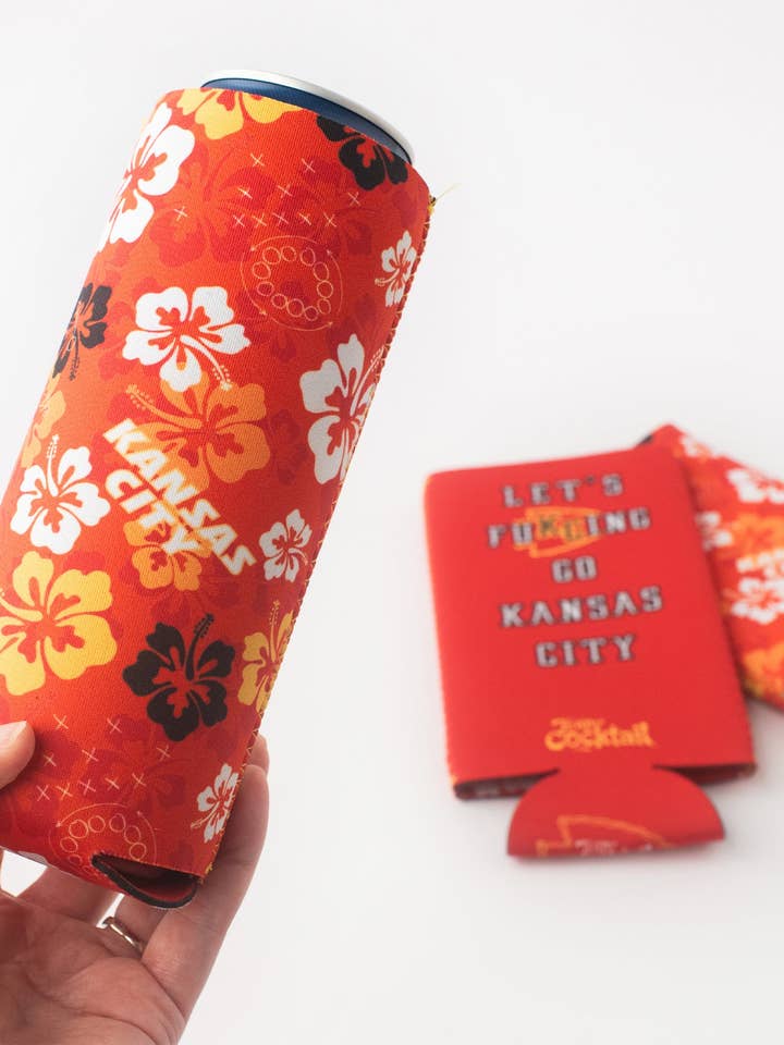 Tropical KC Football / Let's F*ing Go KC Reversible 24oz Neoprene Boozie for wholesale by Team Cocktail