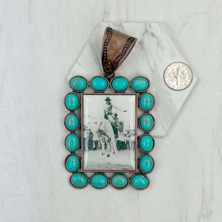 PD231210CP-49 Copper metal with blue turquoise stone triangle cowboy Pendent for wholesale by Western Elite Jewelry