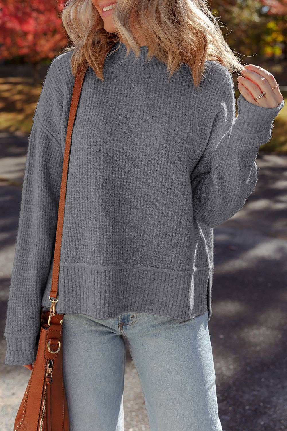 Lovesoft - Wholesale Knit Sweater - Women's - Gray Morn Waffle Texture Knit Ribbed High Neck Drop Shoulder Sweater9