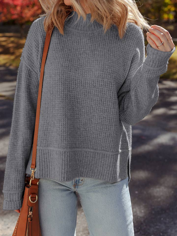 Lovesoft - Wholesale Knit Sweater - Women's - Gray Morn Waffle Texture Knit Ribbed High Neck Drop Shoulder Sweater9