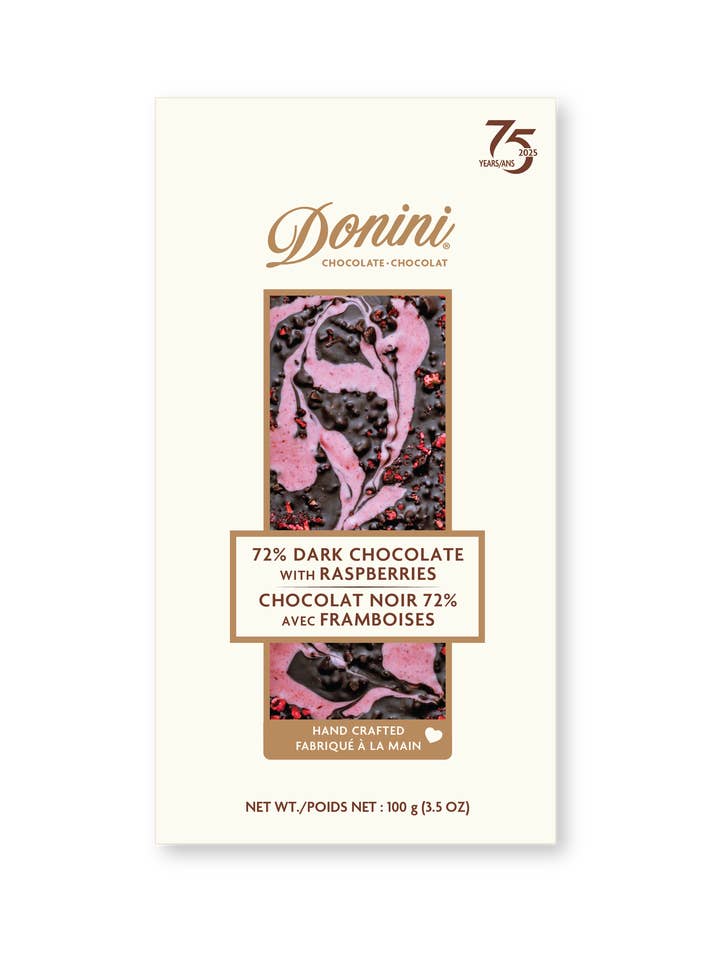 Donini 72% Dark Chocolate with Raspberries for wholesale by Saxon/Donini Chocolates