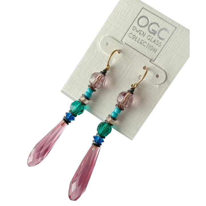 363 - PINK CHANDELIER EARRINGS, CZECH GLASS, CRYSTAL, BRONZE for wholesale by Owen Glass Collection