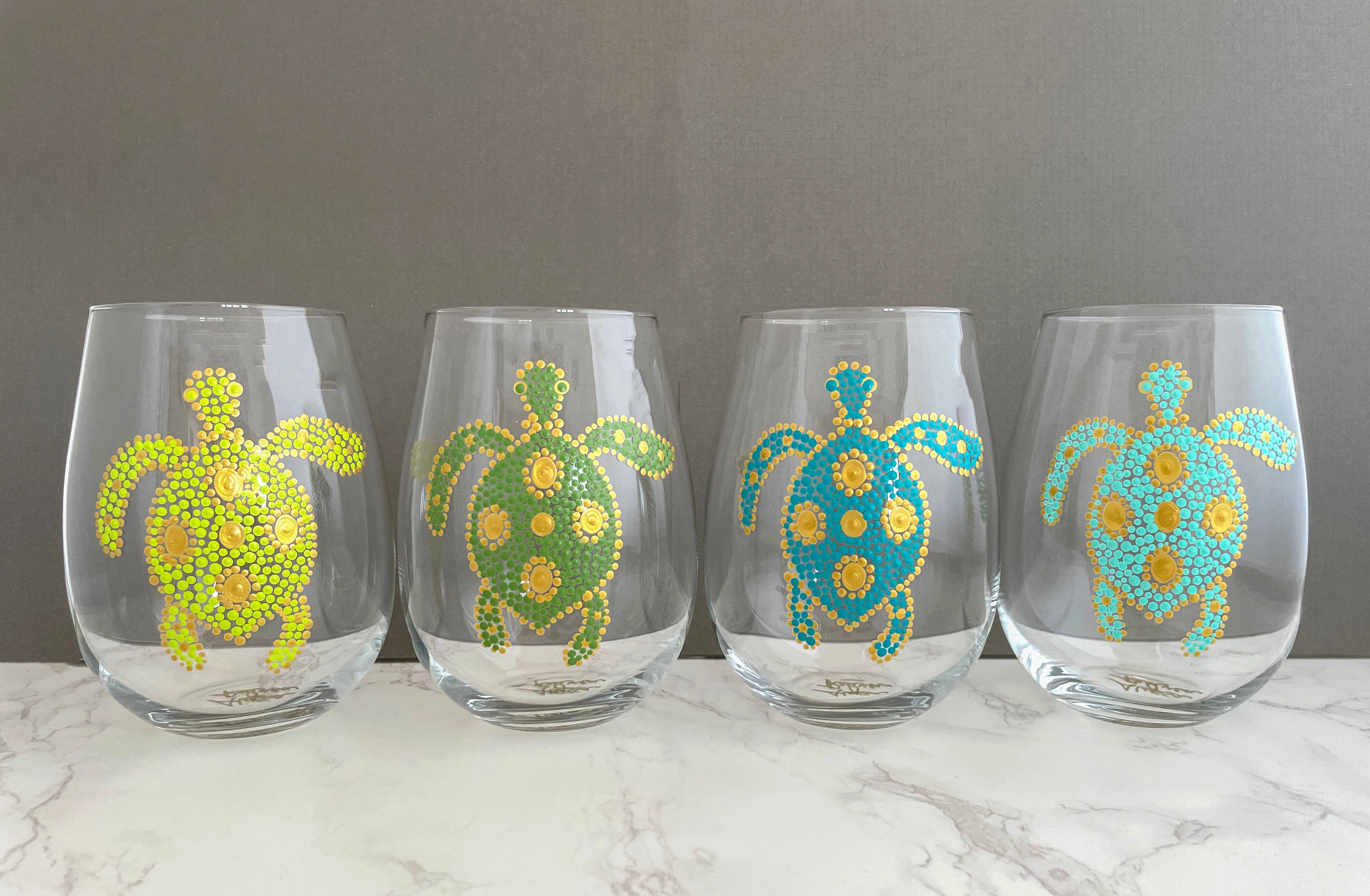 REUVEN Designs - Wholesale Wine Glass - Hand Painted Sea Turtles Stemless Wine Glasses S/4 Grn/Blue2