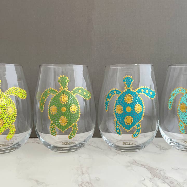 REUVEN Designs - Wholesale Wine Glass - Hand Painted Sea Turtles Stemless Wine Glasses S/4 Grn/Blue2