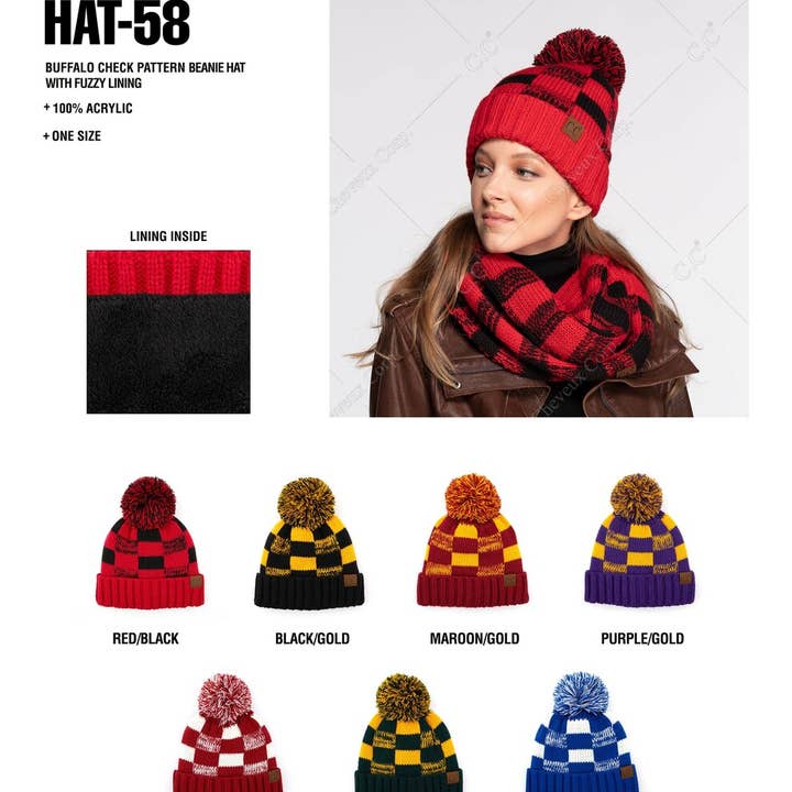 Hana - Wholesale Beanie - Women's - C.C Buffalo Check Team Color Beanie with Pom Winter Beanie