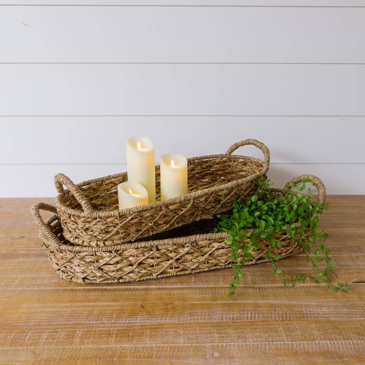 Audrey's Home & Gift - Wholesale Decorative Tray - Oval Woven Seagrass Trays With Handles (Set Of 02)