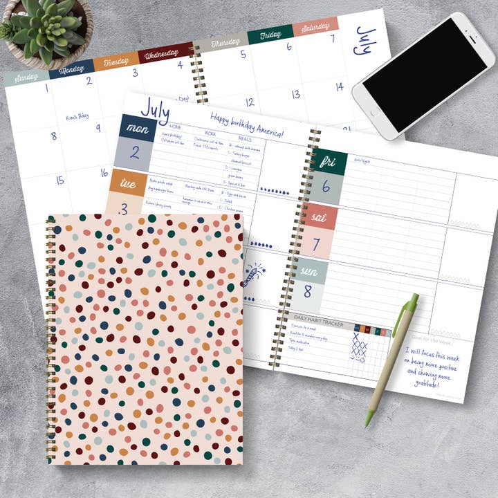 Spotted Dot Boho Undated Large Weekly Monthly Spiral Planner for wholesale by TF Publishing - Paper Goods