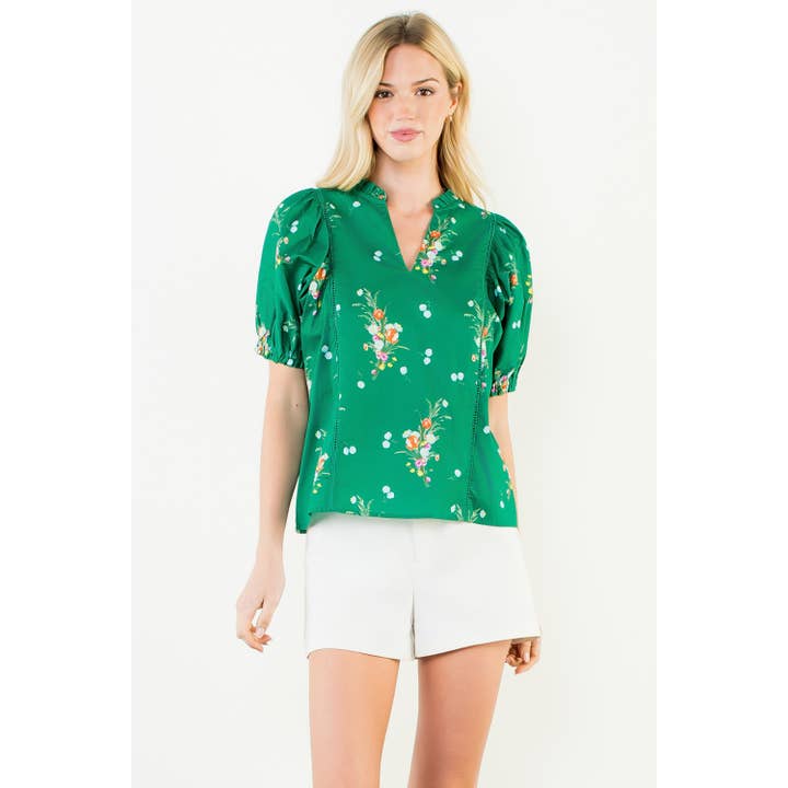 Floral Print Puff Sleeve V-Neck Top for wholesale by THML