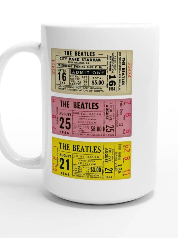 "Beatles Tickets" White 15oz Ceramic Mug for wholesale by Amp'd Apparel Company