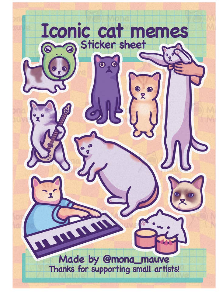 Iconic Cat Memes Sticker Sheet | 9 Funny Vinyl Stickers for wholesale by Mona Mauve • Silly Art!